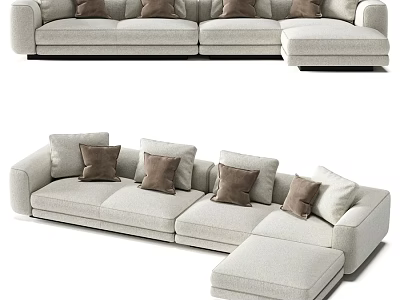 Light Colored Modern Two Seater Sofa With Brown Cushions And Chaise Lounge 3d model