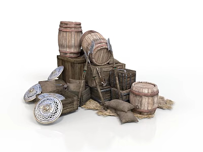 Medieval Vintage Scene Components With Wooden Barrels Crates Shields And Sacks 3d model
