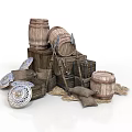 Medieval Vintage Scene Components With Wooden Barrels Crates Shields And Sacks