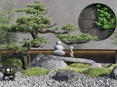 New Chinese style landscape sketch courtyard landscape sketch gardening sketch stone stone pier pine tree Zen landscape sketch rockery bamboo 3d model