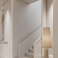 Modern Minimalist Interior Staircase With Metal Handrail And Floor Lamp