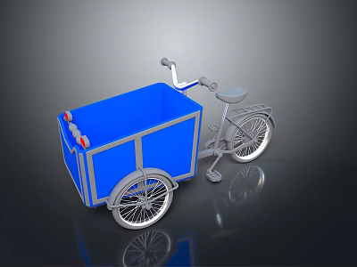Practical Blue Cargo Tricycle with Large Storage Box Silver Frame and Wheels 3d model