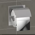 Silver Metal Toilet Paper Holder Mounted on Gray Tiled Wall With Roll
