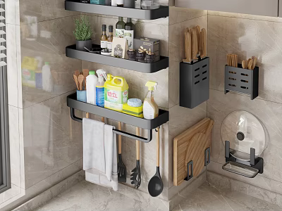 Multifunctional Kitchen Utensil Organizer Set With Wall Mounted Storage Racks 3d model