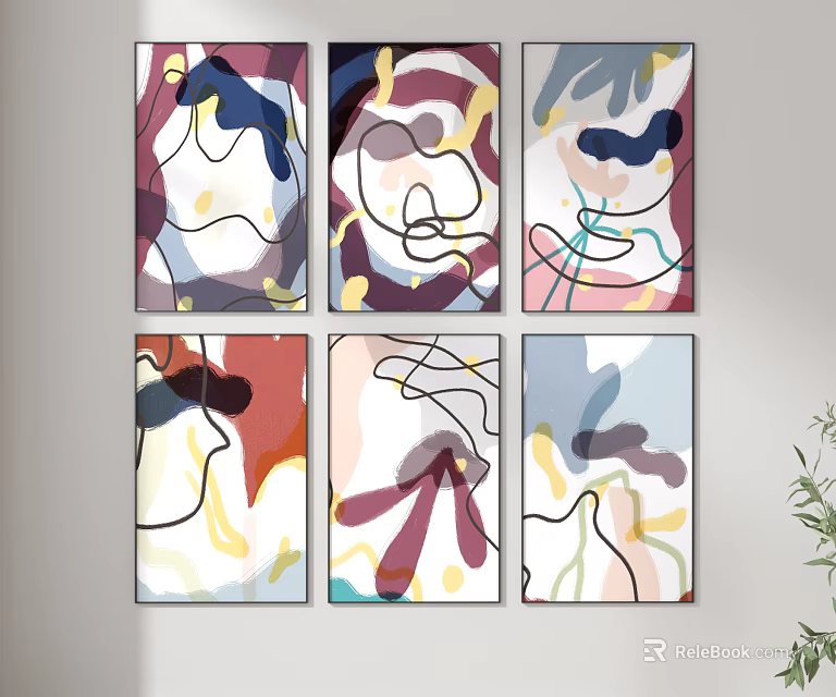 Colorful Abstract Art Paintings With Curved Lines For Modern Wall Decor 3d model 