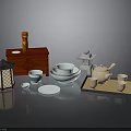 Traditional Japanese Tea Ceremony Items With Red Cabinet Lantern Bowls Teapot And Plates