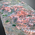 Detailed 3D Terrain Model Showcasing Mountain Ranges Canyon Landforms And Colorful Textures