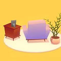 Cozy Purple Single Sofa with Blue Cushion beside Potted Plant Side Table and Photo Frame