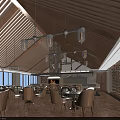 Hotel Lobby With Wooden Ceiling Pendant Lights Dining Tables Chairs Large Windows And Wine Racks