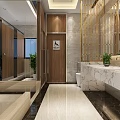 Modern Lobby Interior With Marble Floor Reception Desk Green Plants Blue Seats And Ceiling Design