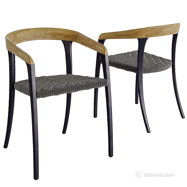 Modern Dining Chairs With Wooden Armrests Black Legs And Gray Woven Seats 3d model 