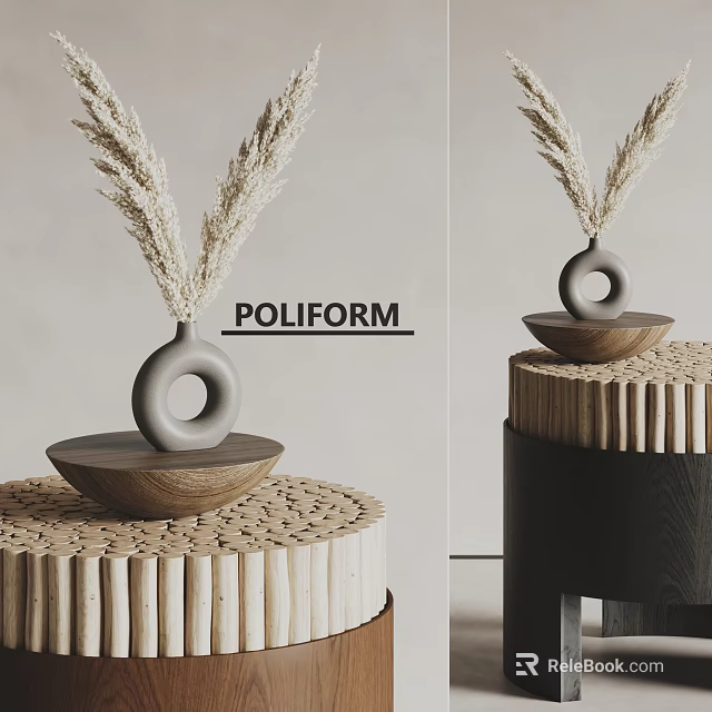 POLIFORM Gray Circular Decorative Vase With Pampas Grass On Wooden Base 3d model 