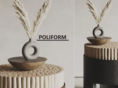 POLIFORM Gray Circular Decorative Vase With Pampas Grass On Wooden Base 3d model