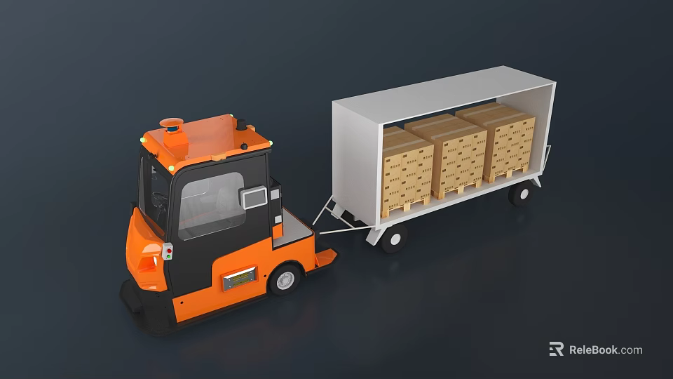 Orange Forklift Towing White Trailer Loaded With Stacked Wooden Boxes 3d model 