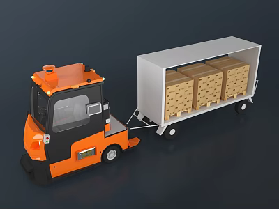 Orange Forklift Towing White Trailer Loaded With Stacked Wooden Boxes 3d model