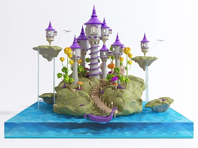 Cartoon Scene With Purple Castle Floating Islands Spiral Staircase Colorful Plants Small Boat Blue Water 3d model