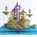 Cartoon Scene With Purple Castle Floating Islands Spiral Staircase Colorful Plants Small Boat Blue Water
