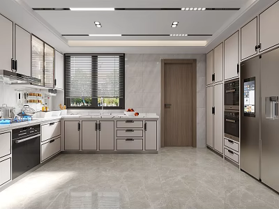 Modern Open Kitchen Interior With White Cabinets Marble Countertops And Stainless Steel Appliances 3d model