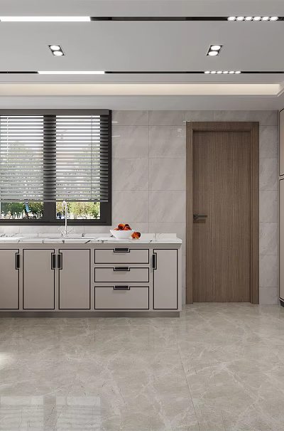 Modern Open Kitchen Interior With White Cabinets Marble Countertops And Stainless Steel Appliances 3d model