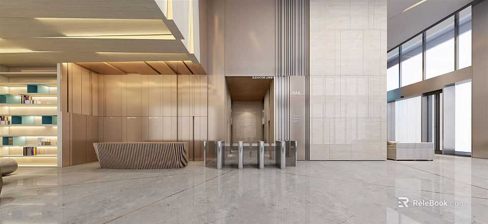 Modern Front Desk Reception Interior Design With Marble Walls And Metal Accents 3d model 