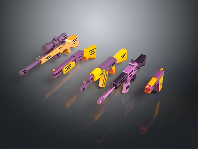 Five Purple and Yellow Plastic Toy Guns with Bright Hues and Modern Styling 3d model