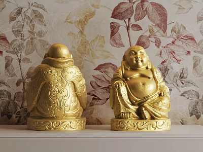 Two Golden Carved Buddha Sculptures Sitting on Shelf with Floral Wallpaper Background 3d model