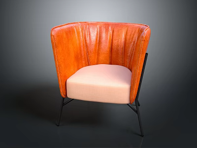 Orange Leather Armchair with Light Pink Cushioned Seat Black Metal Legs and Pleated Back Design 3d model