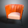 Orange Leather Armchair with Light Pink Cushioned Seat Black Metal Legs and Pleated Back Design