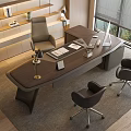 Elegant Walnut Executive Desk Workspace With Leather Office Chairs Laptop Lamp And Natural Light