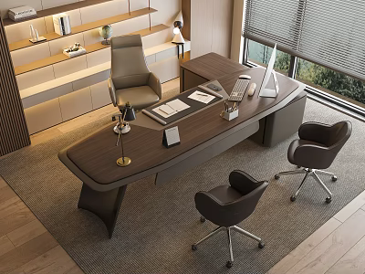 Elegant Walnut Executive Desk Workspace With Leather Office Chairs Laptop Lamp And Natural Light 3d model