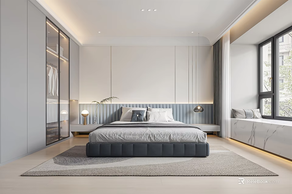 Modern Bedroom Interior With King Bed Sliding Wardrobe Bedside Lighting And Area Rug 3d model 