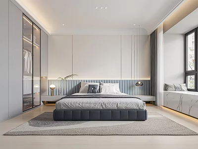 Modern Bedroom Interior With King Bed Sliding Wardrobe Bedside Lighting And Area Rug 3d model