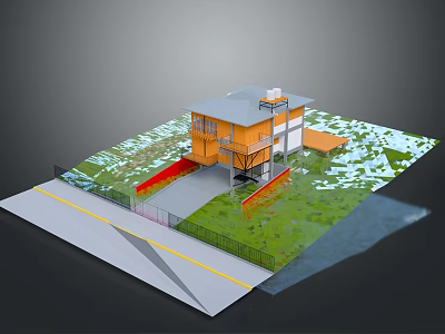 Modern House Model With Orange White Exterior Green Lawn Red Accents Road And Fence 3d model