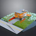 Modern House Model With Orange White Exterior Green Lawn Red Accents Road And Fence