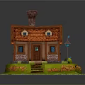 Small House With Red Roof Brick Chimney Blue Door Windows Stone Steps Lamp And Grass