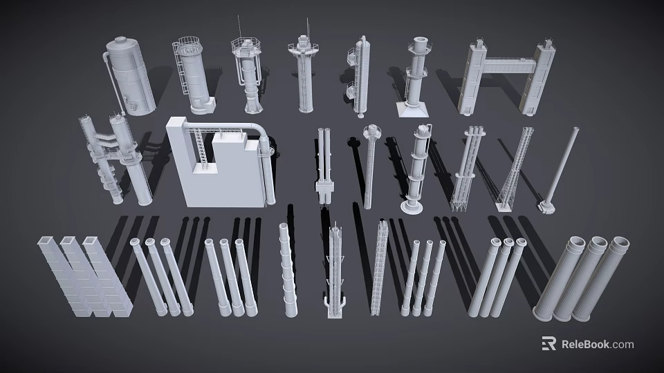 Diverse Industrial Equipment Components Featuring Pipes Brackets Towers Frames And Structural Parts 3d model 