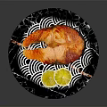 Grilled Salmon Fillet Served on Blue and White Wave Pattern Plate with Lemon Slices