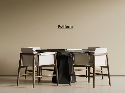 Poliform Modern Entertainment Table With White Wooden Chairs And Beige Wall Background 3d model