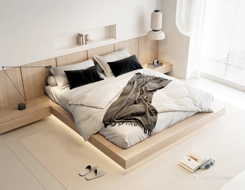 Modern Double Bed With Wooden Headboard White Quilt Black Pillows And Gray Throw In Bedroom 3d model 