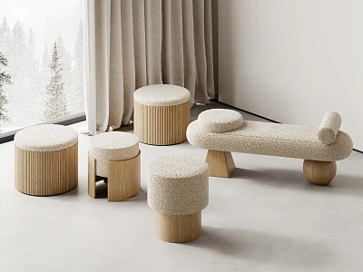 Different Styles of Light Colored Stools With Wooden Bases and Upholstered Seats in Modern Interior 3d model