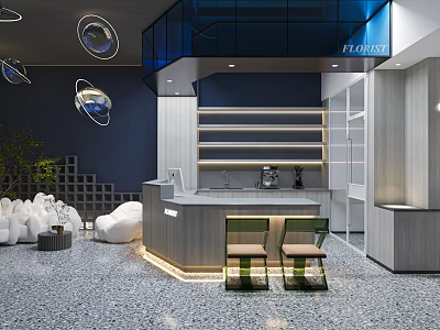 Florence Specialty Store Modern Interior Design With Counter Shelves Green Chairs Blue Gray Tones 3d model