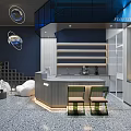 Florence Specialty Store Modern Interior Design With Counter Shelves Green Chairs Blue Gray Tones