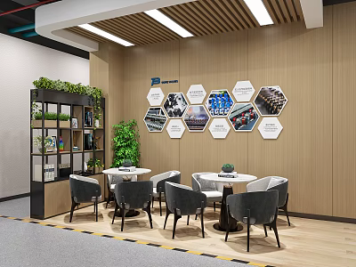 Modern Casual Lounge Interior Design With Comfortable Furniture Green Plants And Hexagon Wall Art 3d model