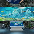 Underwater Oceanarium Tunnel With Colorful Fish Coral Large Aquarium Tanks Rock Decorations And Soft Lighting