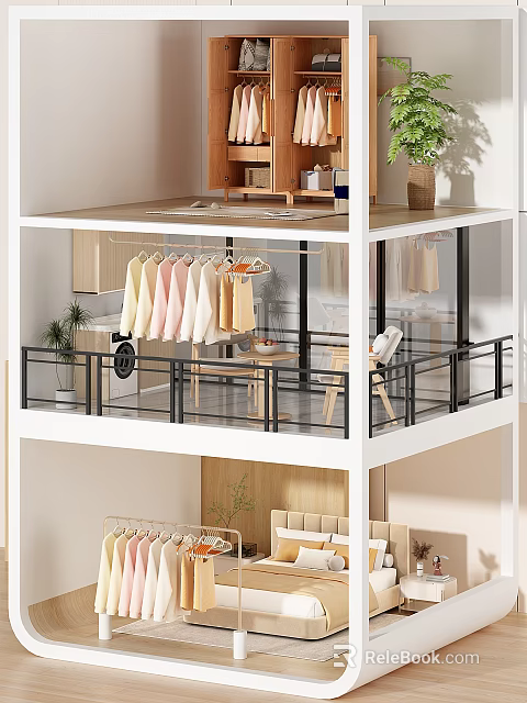 Loft Style Bedroom Interior With Hanging Clothes Railing Table Chairs And Plants 3d model 