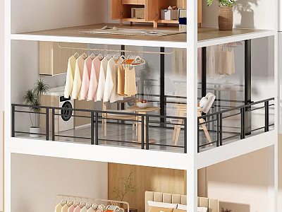 Loft Style Bedroom Interior With Hanging Clothes Railing Table Chairs And Plants 3d model