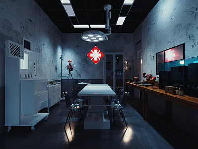 Medical Room With Surgical Lamp Red Cross Sign Operating Table Skeleton Model And TV Screen 3d model