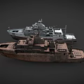 Modern White Red Stripe Ship With Rusted Vintage Vessel And Deck Facilities
