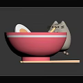 Adorable Cat Licking Ramen Noodles In Pink Bowl With Egg Green Onions And Chopsticks