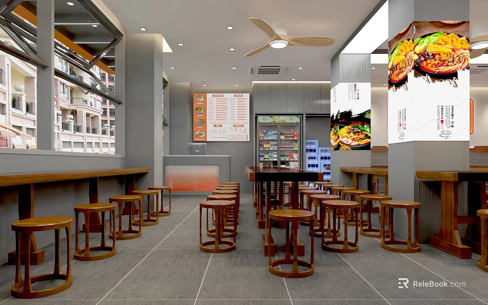 Modern Restaurant Interior With Wooden Stools Long Bar Counter Refrigerated Display Case And Menu Board 3d model 